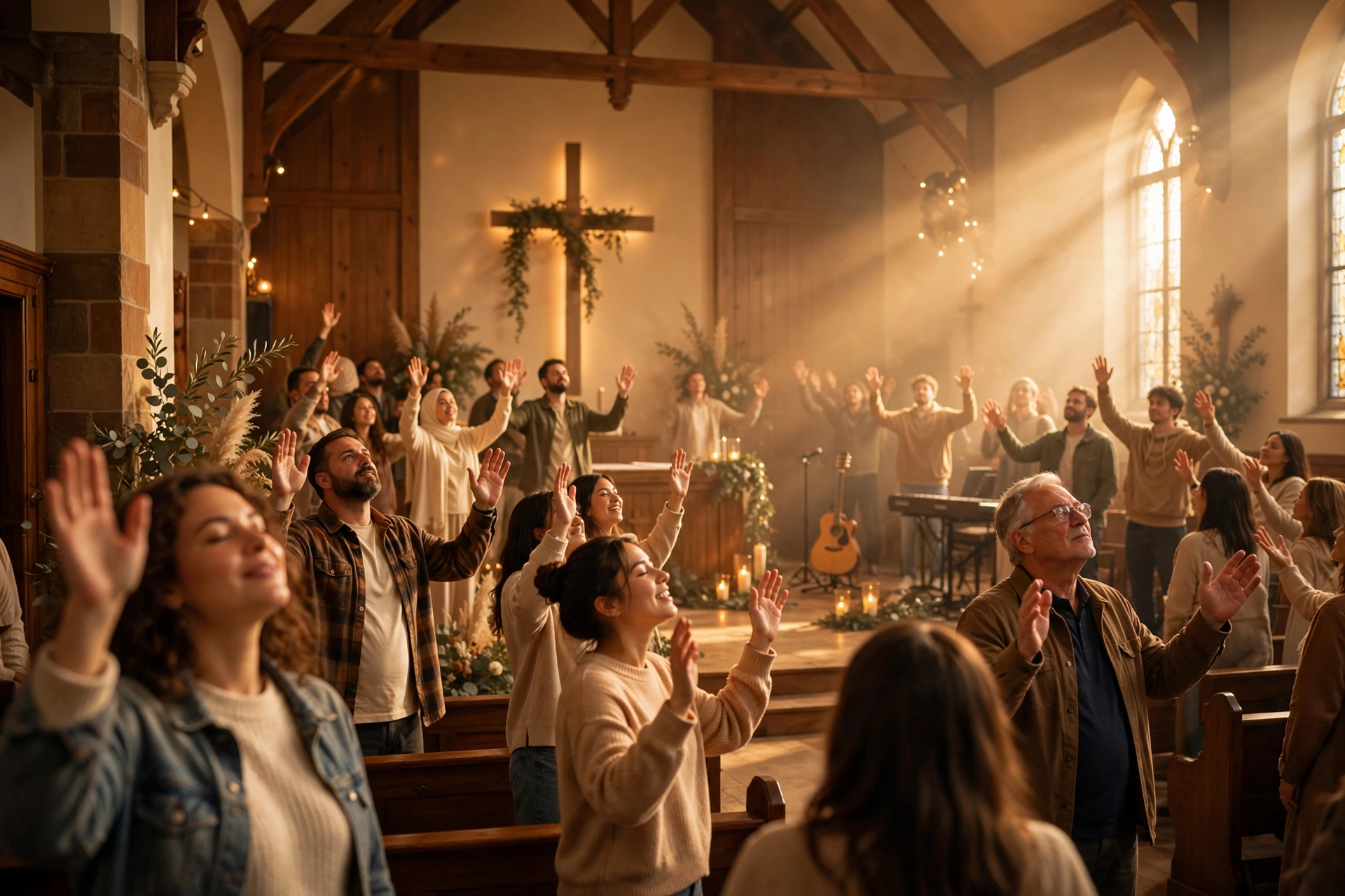 Culto com a congregação em adoração